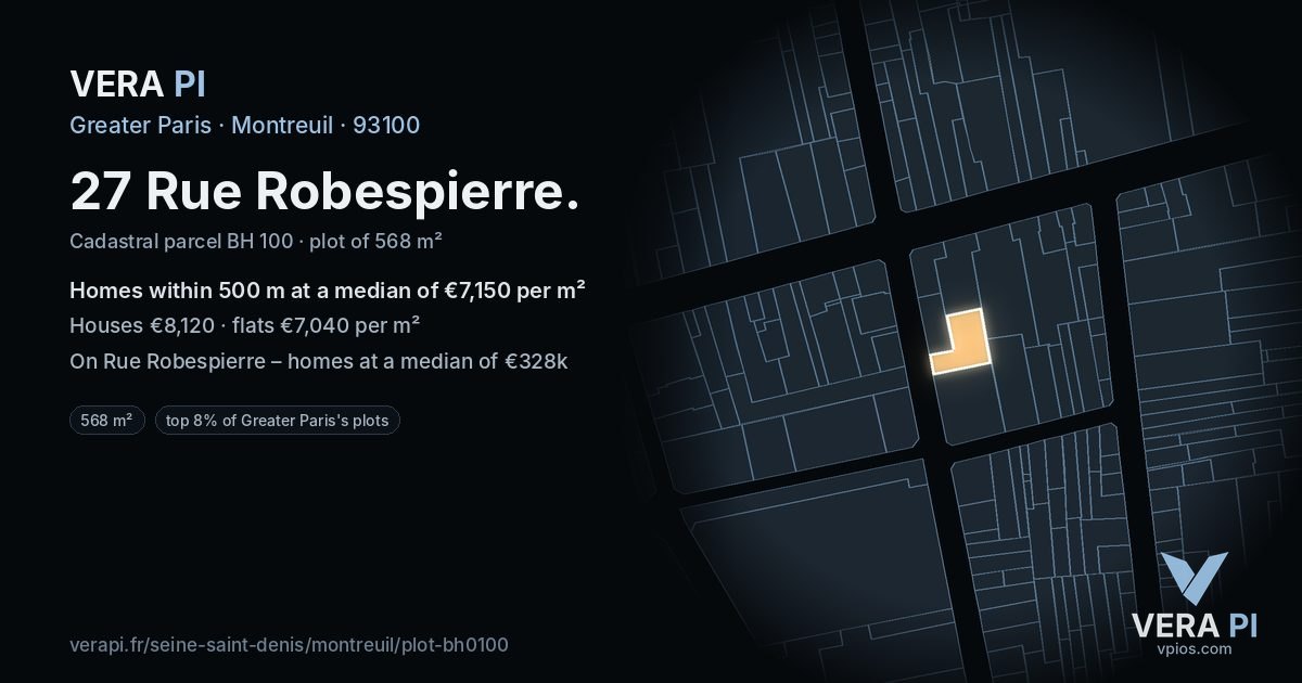 27 Rue Robespierre, Montreuil at night – the plot lit, the parcels around coloured by the prices near them
