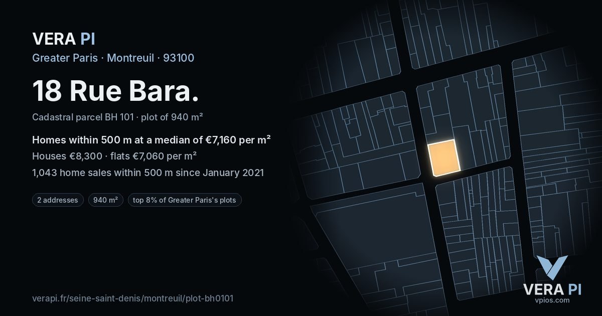 18 Rue Bara, Montreuil at night – the plot lit, the parcels around coloured by the prices near them