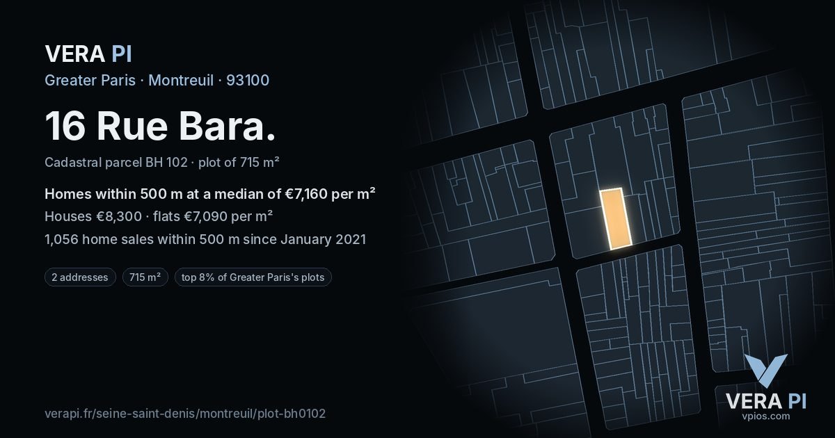 16 Rue Bara, Montreuil at night – the plot lit, the parcels around coloured by the prices near them