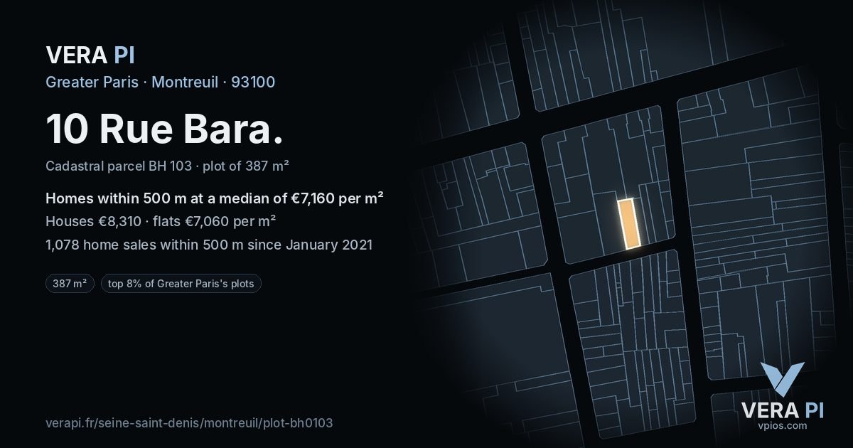 10 Rue Bara, Montreuil at night – the plot lit, the parcels around coloured by the prices near them