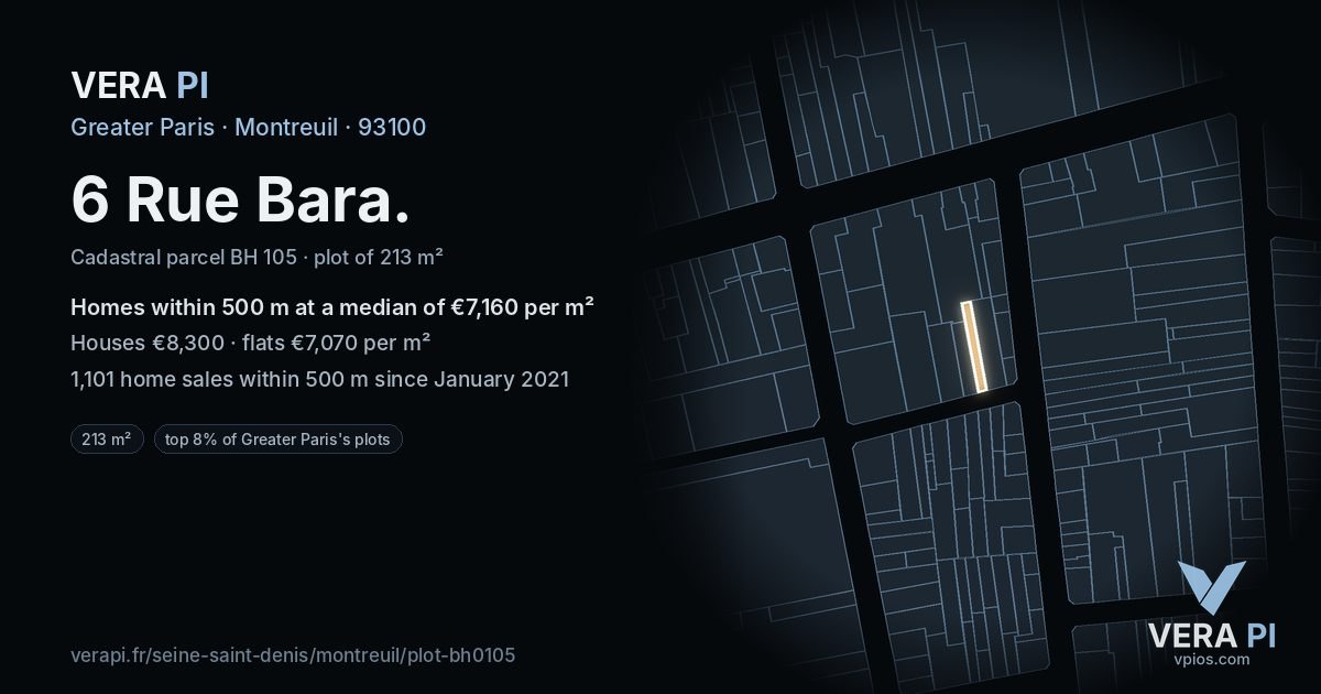 6 Rue Bara, Montreuil at night – the plot lit, the parcels around coloured by the prices near them