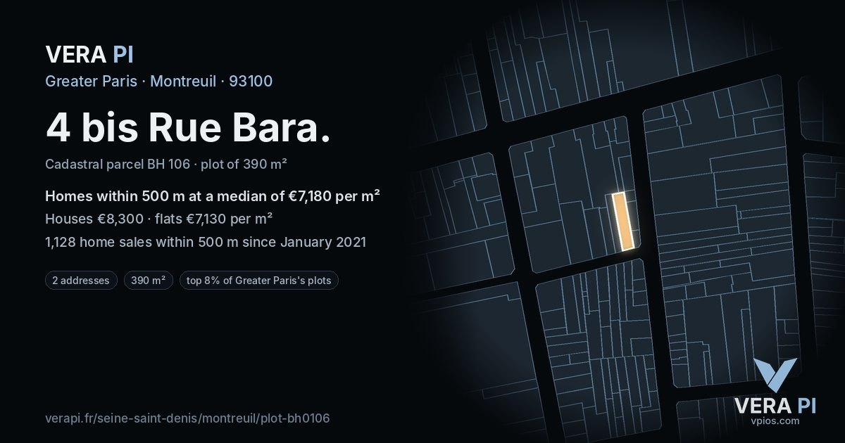 4 bis Rue Bara, Montreuil at night – the plot lit, the parcels around coloured by the prices near them
