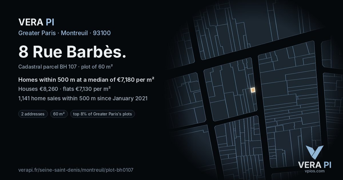 8 Rue Barbès, Montreuil at night – the plot lit, the parcels around coloured by the prices near them