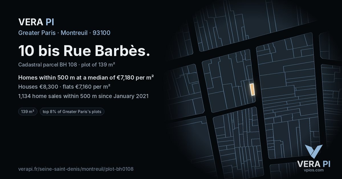 10 bis Rue Barbès, Montreuil at night – the plot lit, the parcels around coloured by the prices near them