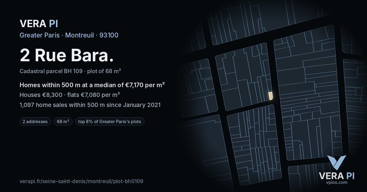 2 Rue Bara, Montreuil at night – the plot lit, the parcels around coloured by the prices near them