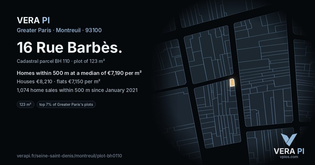 16 Rue Barbès, Montreuil at night – the plot lit, the parcels around coloured by the prices near them
