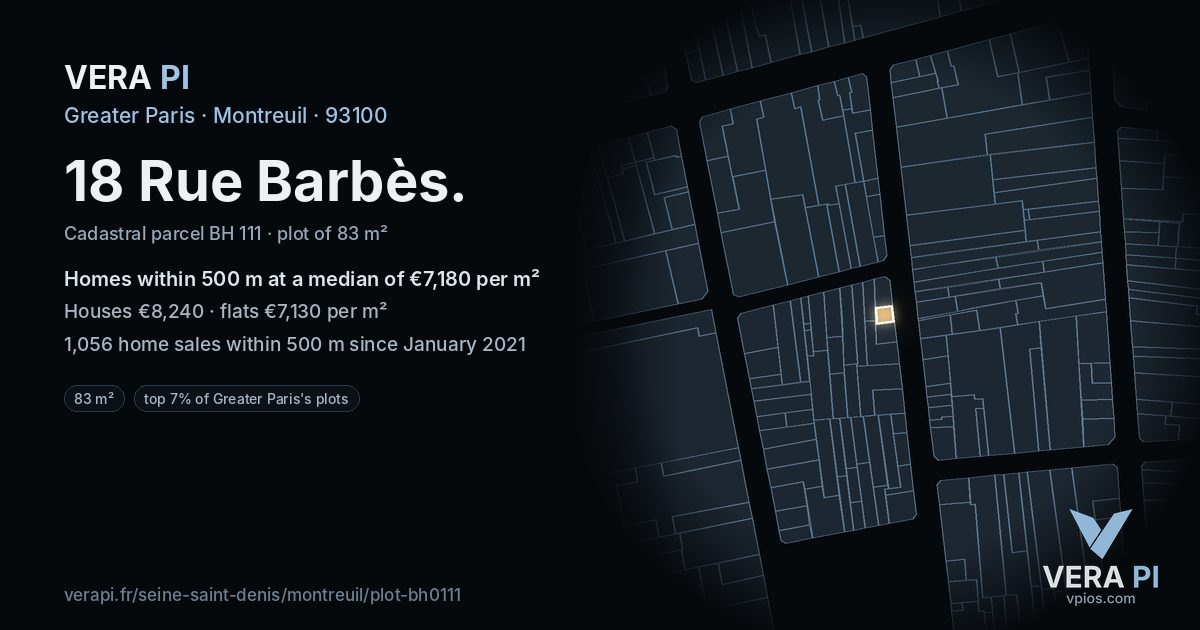 18 Rue Barbès, Montreuil at night – the plot lit, the parcels around coloured by the prices near them