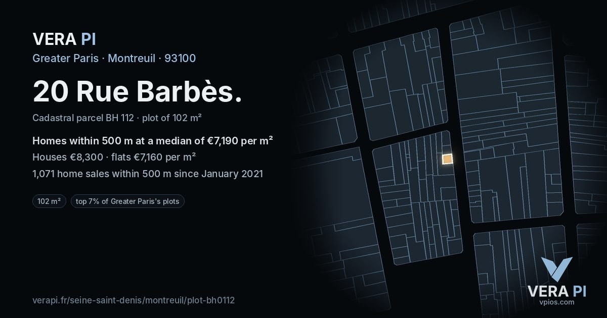 20 Rue Barbès, Montreuil at night – the plot lit, the parcels around coloured by the prices near them