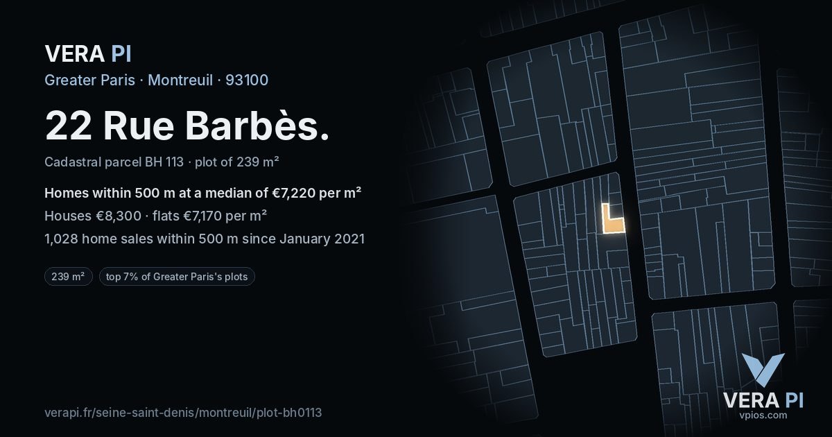 22 Rue Barbès, Montreuil at night – the plot lit, the parcels around coloured by the prices near them