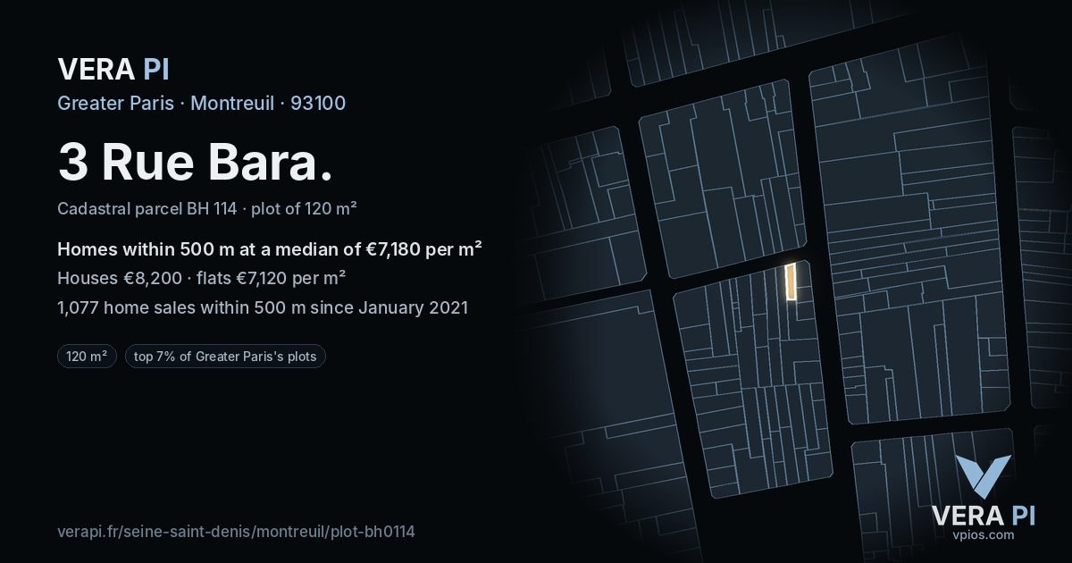 3 Rue Bara, Montreuil at night – the plot lit, the parcels around coloured by the prices near them
