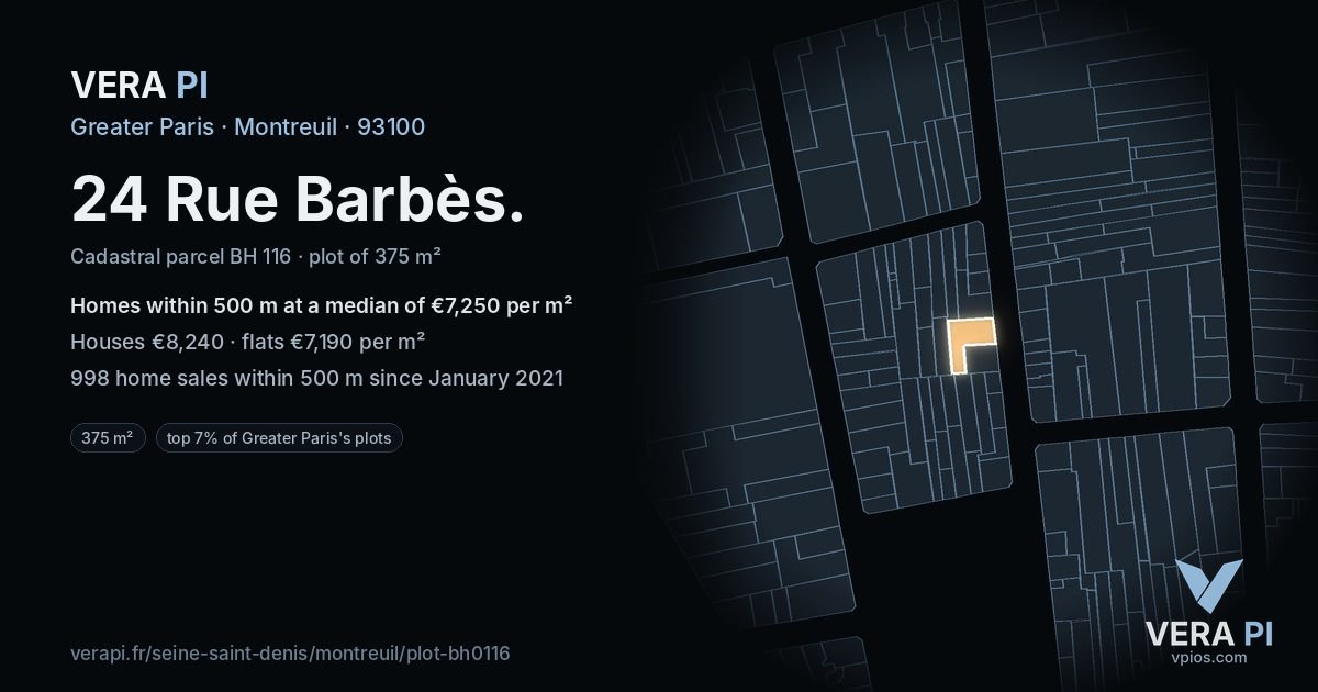 24 Rue Barbès, Montreuil at night – the plot lit, the parcels around coloured by the prices near them