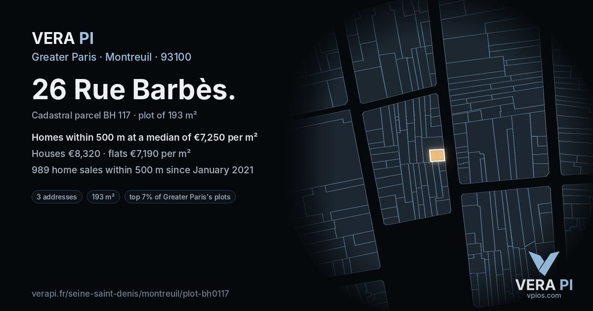 26 Rue Barbès, Montreuil at night – the plot lit, the parcels around coloured by the prices near them