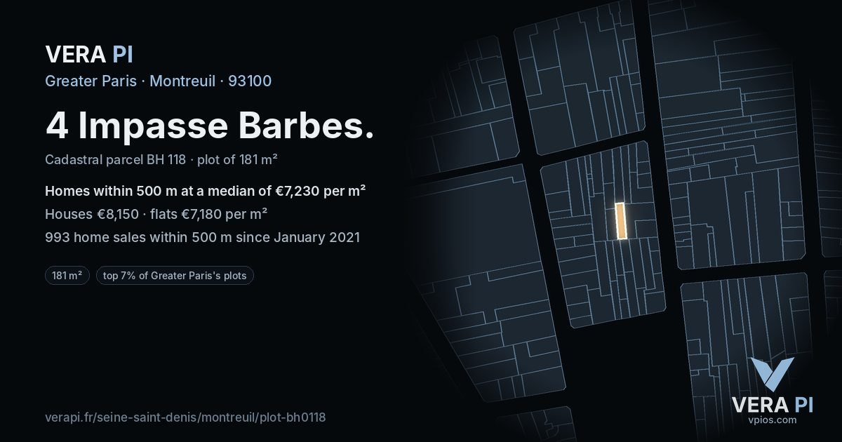 4 Impasse Barbes, Montreuil at night – the plot lit, the parcels around coloured by the prices near them