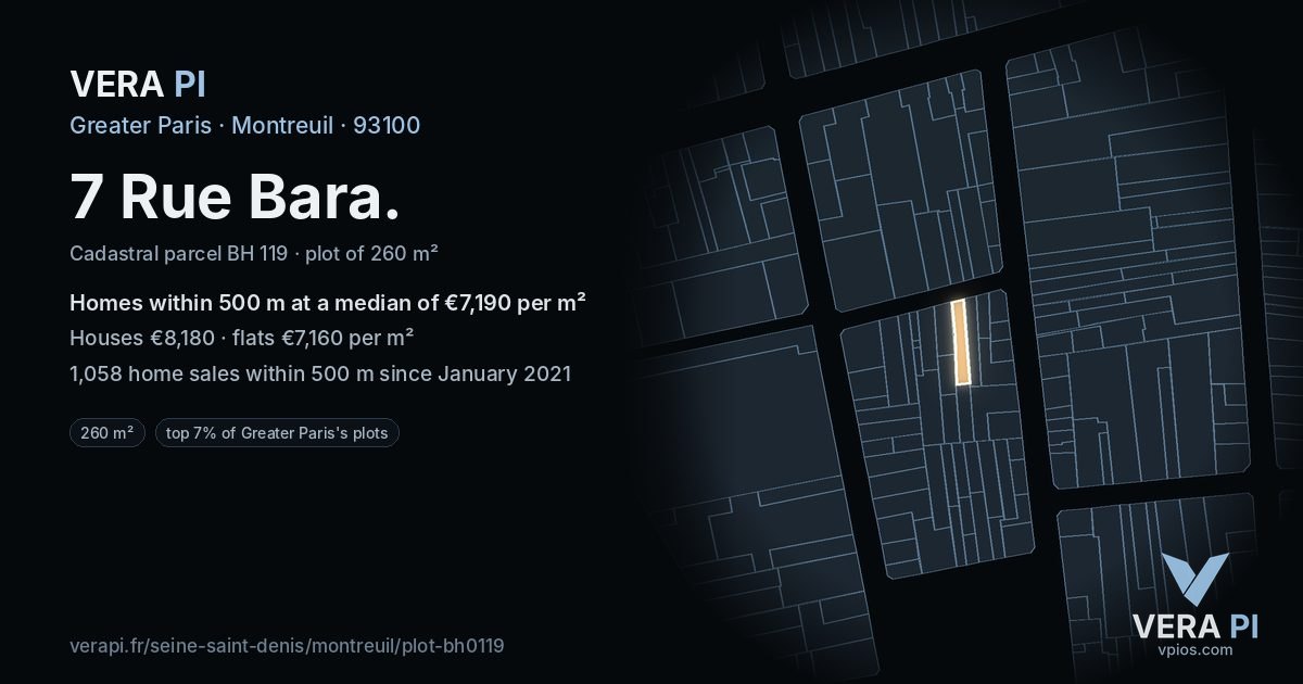 7 Rue Bara, Montreuil at night – the plot lit, the parcels around coloured by the prices near them