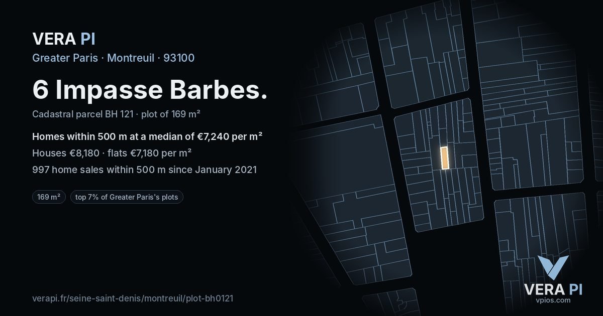 6 Impasse Barbes, Montreuil at night – the plot lit, the parcels around coloured by the prices near them
