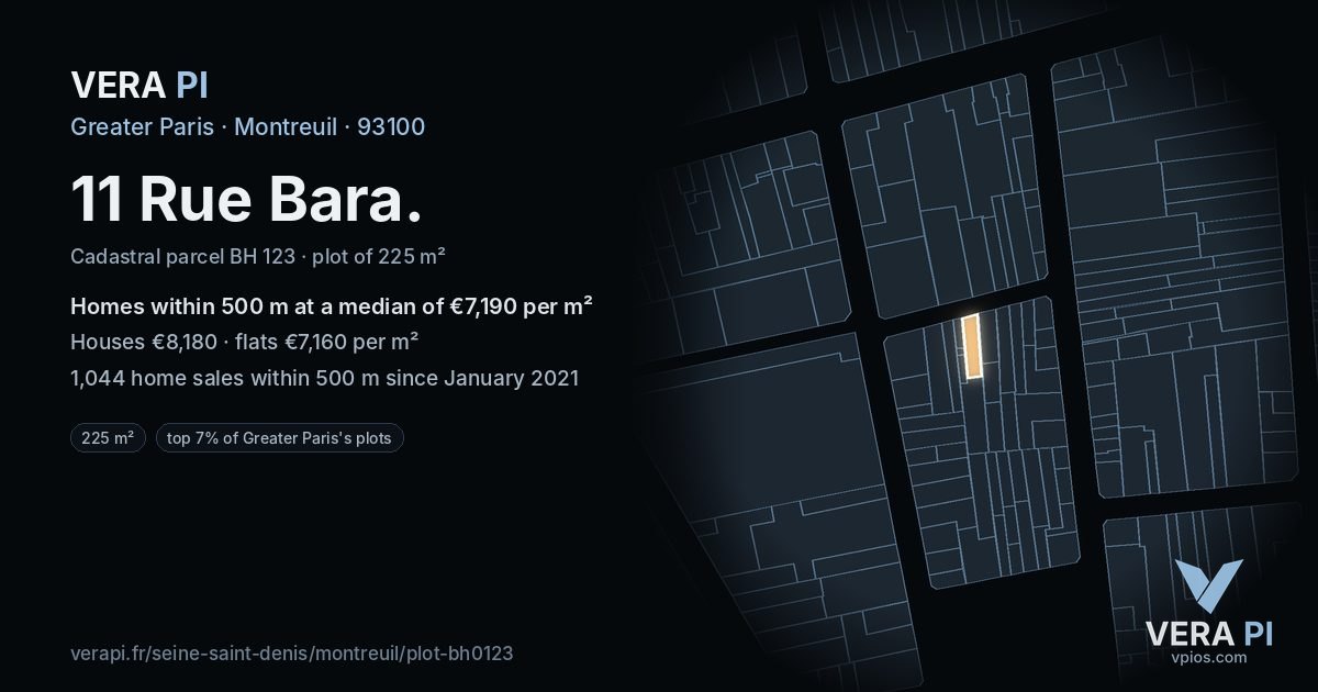 11 Rue Bara, Montreuil at night – the plot lit, the parcels around coloured by the prices near them