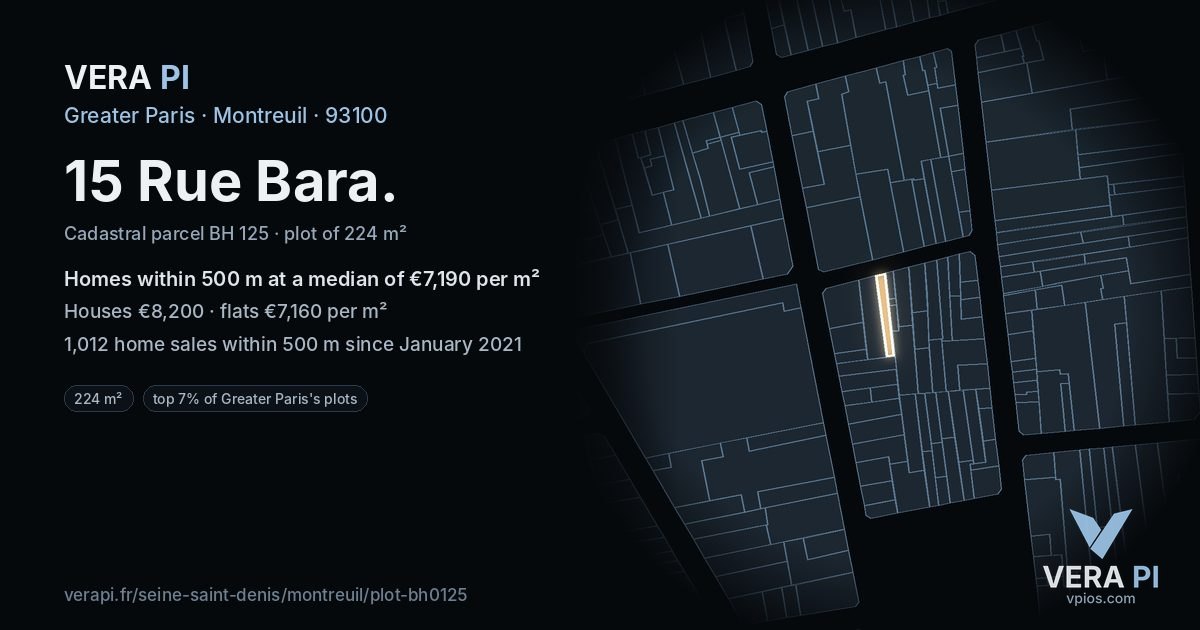 15 Rue Bara, Montreuil at night – the plot lit, the parcels around coloured by the prices near them