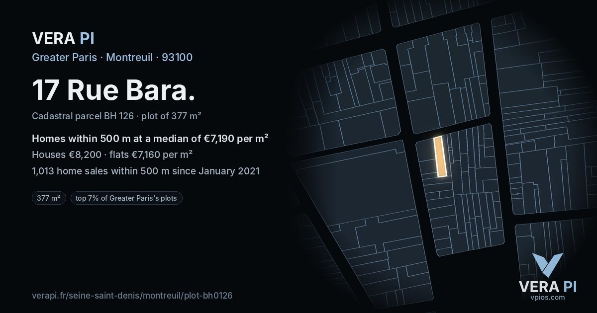 17 Rue Bara, Montreuil at night – the plot lit, the parcels around coloured by the prices near them