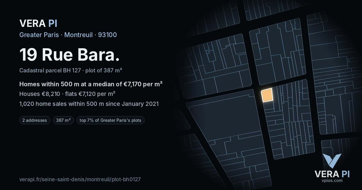 19 Rue Bara, Montreuil at night – the plot lit, the parcels around coloured by the prices near them