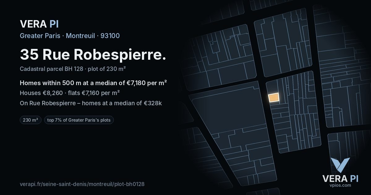 35 Rue Robespierre, Montreuil at night – the plot lit, the parcels around coloured by the prices near them