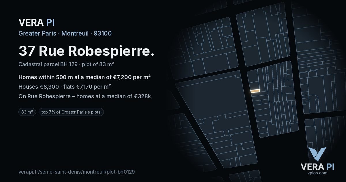 37 Rue Robespierre, Montreuil at night – the plot lit, the parcels around coloured by the prices near them