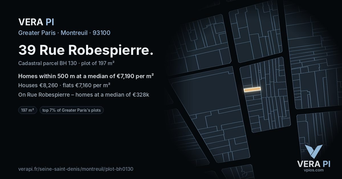 39 Rue Robespierre, Montreuil at night – the plot lit, the parcels around coloured by the prices near them