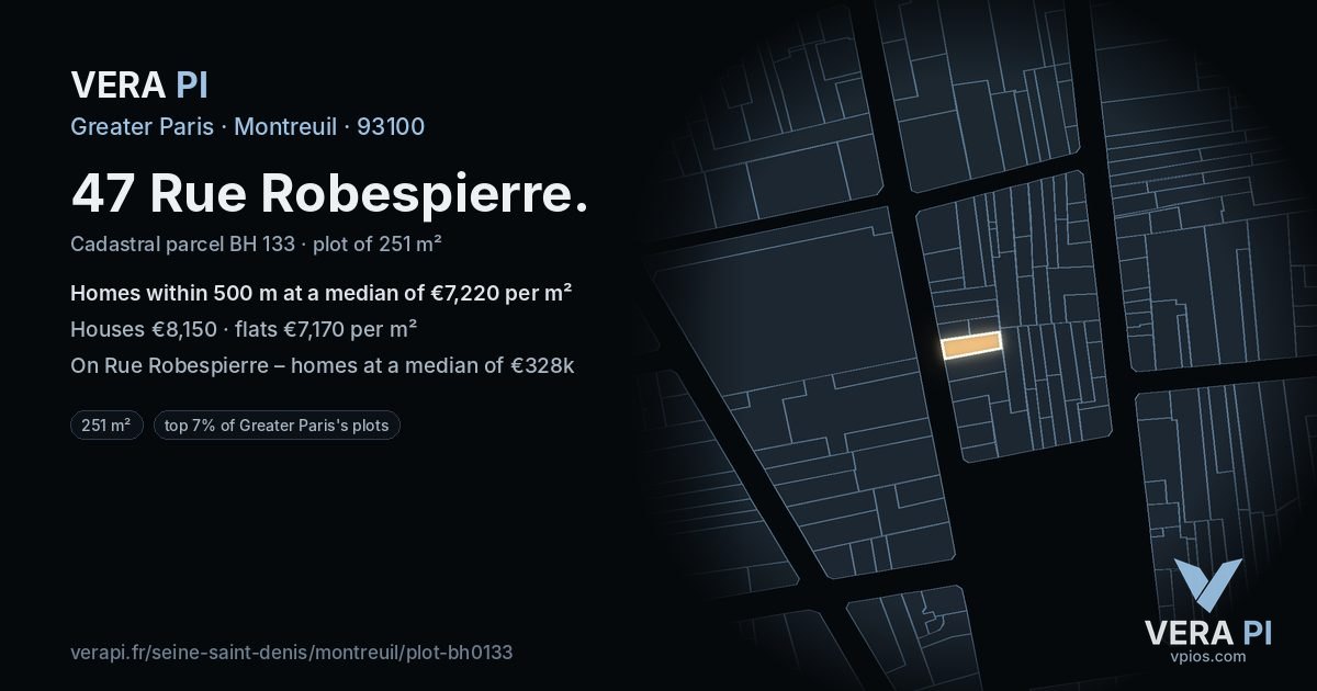 47 Rue Robespierre, Montreuil at night – the plot lit, the parcels around coloured by the prices near them