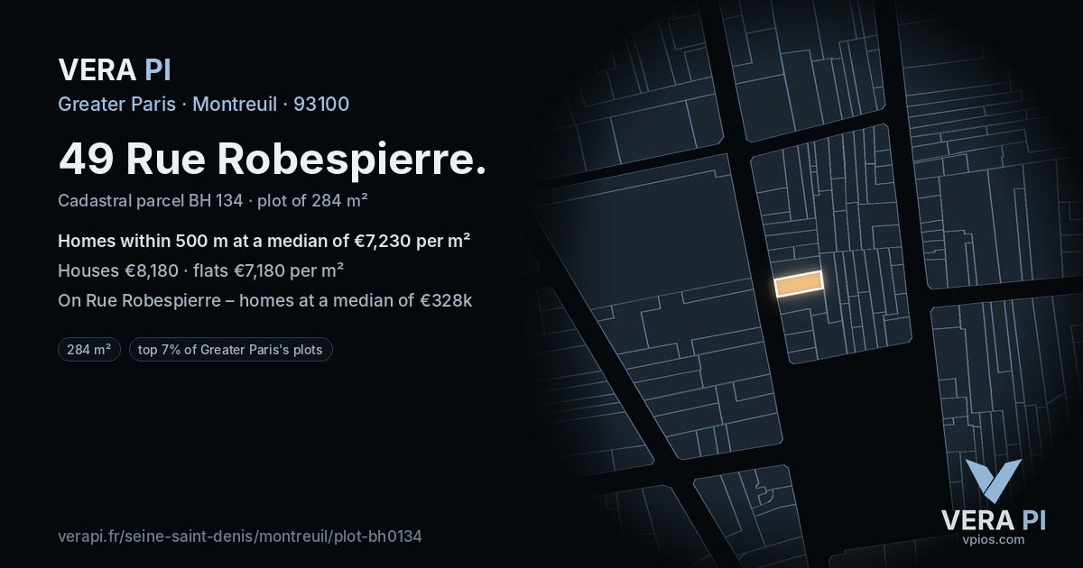 49 Rue Robespierre, Montreuil at night – the plot lit, the parcels around coloured by the prices near them