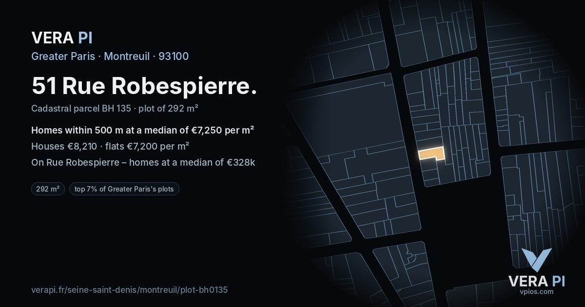 51 Rue Robespierre, Montreuil at night – the plot lit, the parcels around coloured by the prices near them