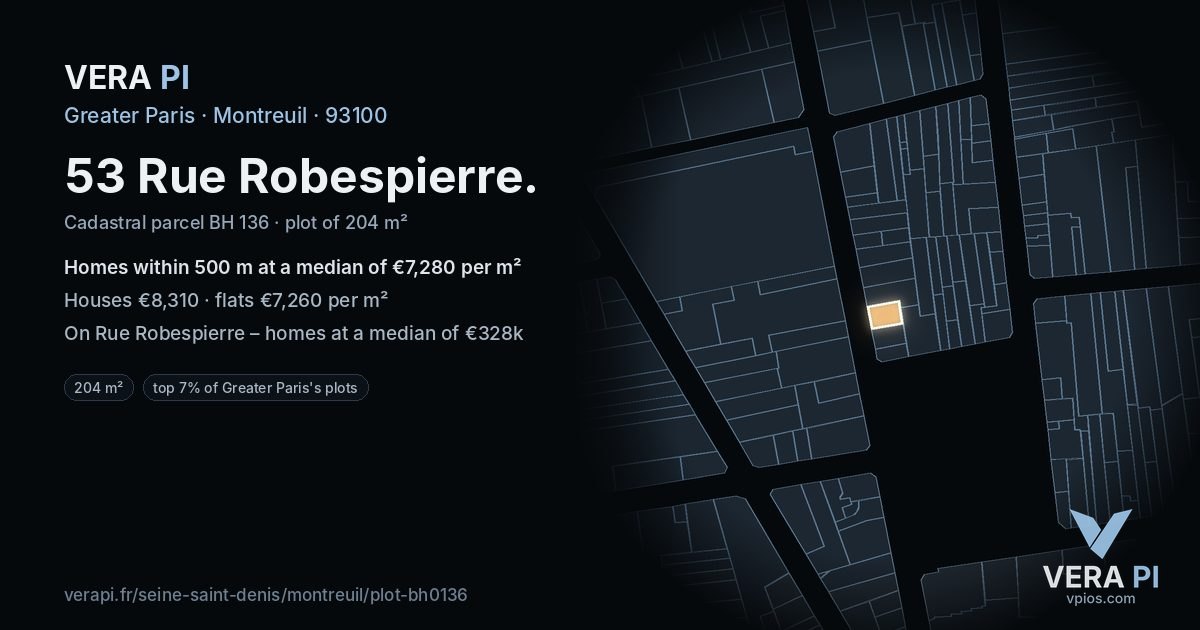53 Rue Robespierre, Montreuil at night – the plot lit, the parcels around coloured by the prices near them
