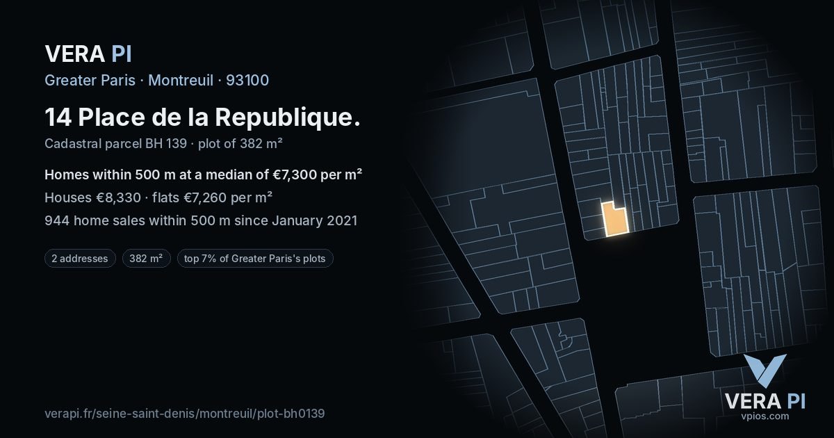 14 Place de la Republique, Montreuil at night – the plot lit, the parcels around coloured by the prices near them