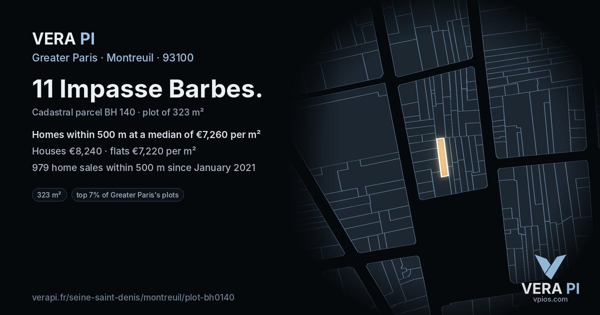 11 Impasse Barbes, Montreuil at night – the plot lit, the parcels around coloured by the prices near them