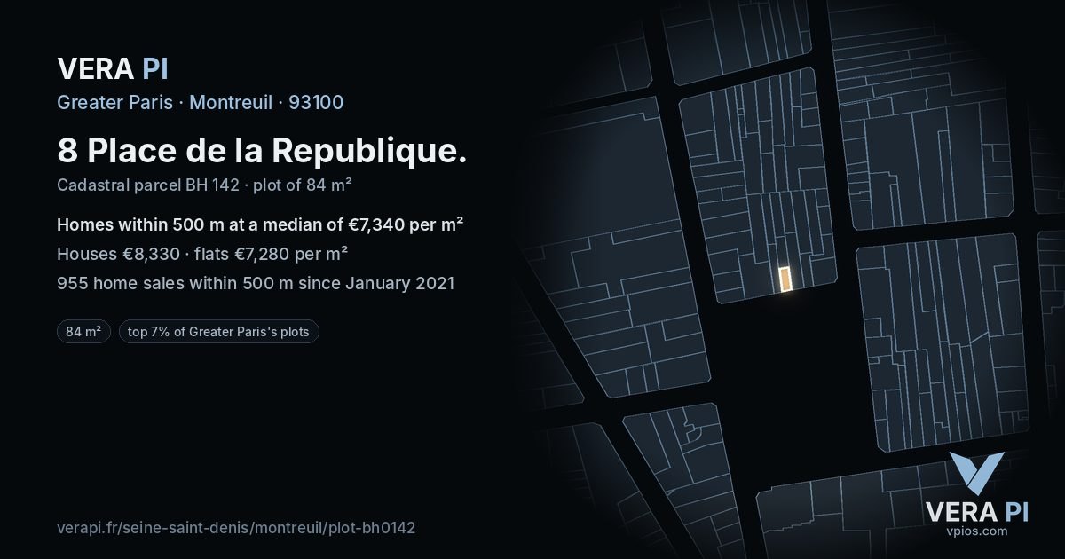 8 Place de la Republique, Montreuil at night – the plot lit, the parcels around coloured by the prices near them