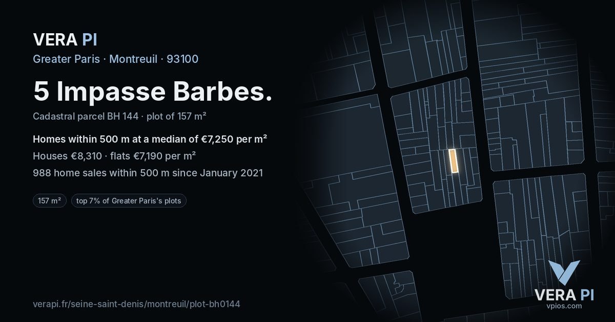 5 Impasse Barbes, Montreuil at night – the plot lit, the parcels around coloured by the prices near them