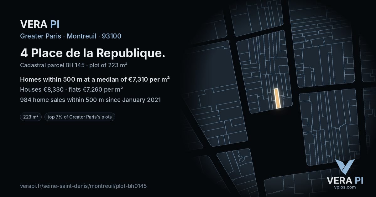 4 Place de la Republique, Montreuil at night – the plot lit, the parcels around coloured by the prices near them