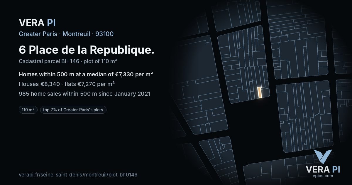 6 Place de la Republique, Montreuil at night – the plot lit, the parcels around coloured by the prices near them
