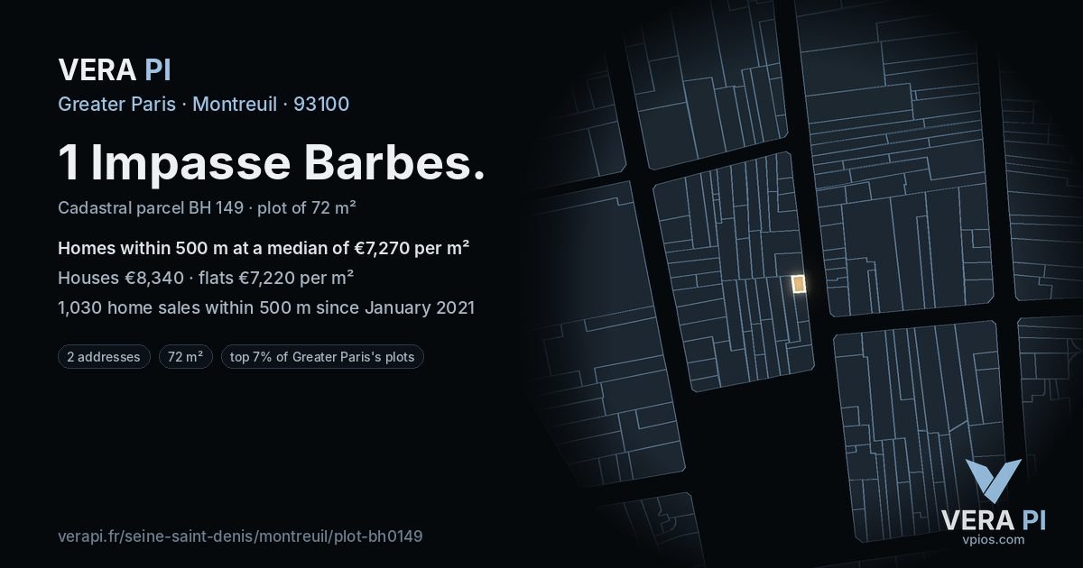 1 Impasse Barbes, Montreuil at night – the plot lit, the parcels around coloured by the prices near them