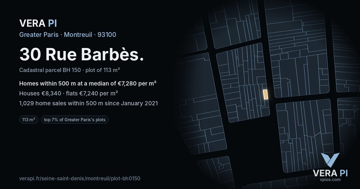 30 Rue Barbès, Montreuil at night – the plot lit, the parcels around coloured by the prices near them