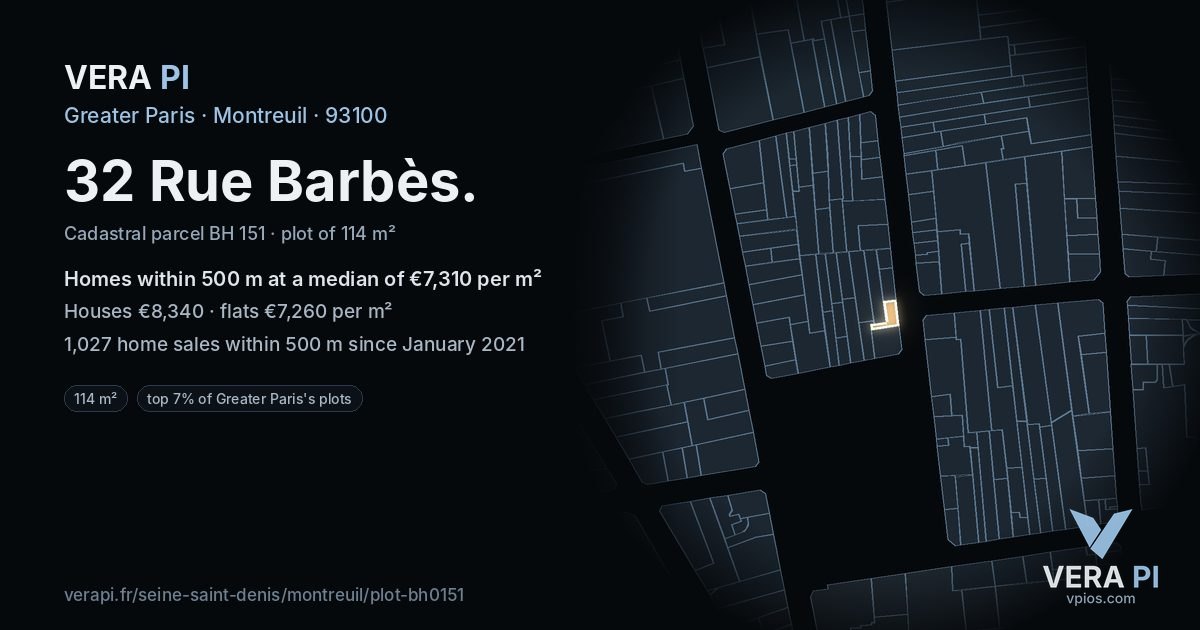 32 Rue Barbès, Montreuil at night – the plot lit, the parcels around coloured by the prices near them