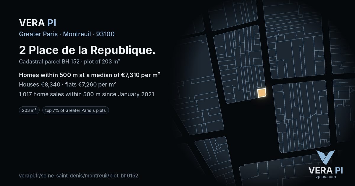 2 Place de la Republique, Montreuil at night – the plot lit, the parcels around coloured by the prices near them