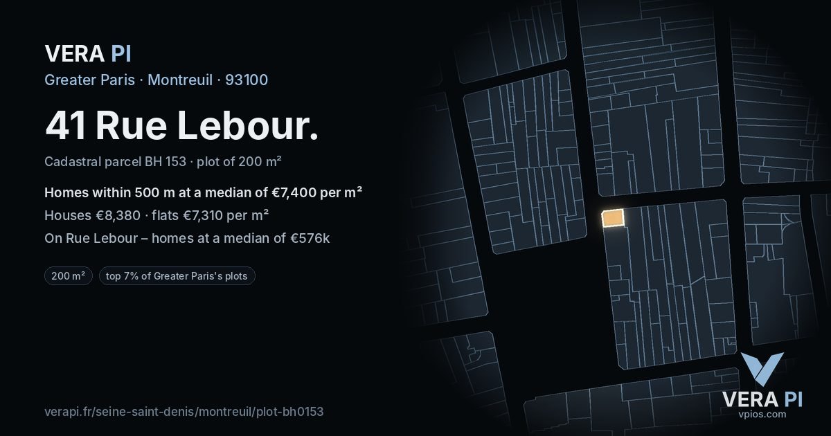 41 Rue Lebour, Montreuil at night – the plot lit, the parcels around coloured by the prices near them