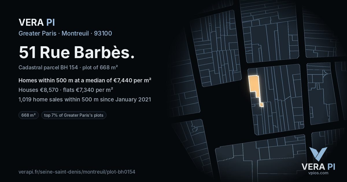 51 Rue Barbès, Montreuil at night – the plot lit, the parcels around coloured by the prices near them