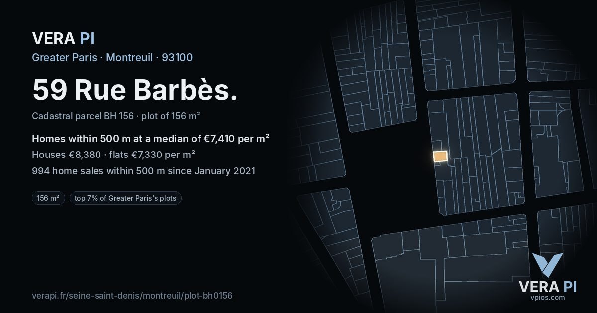 59 Rue Barbès, Montreuil at night – the plot lit, the parcels around coloured by the prices near them
