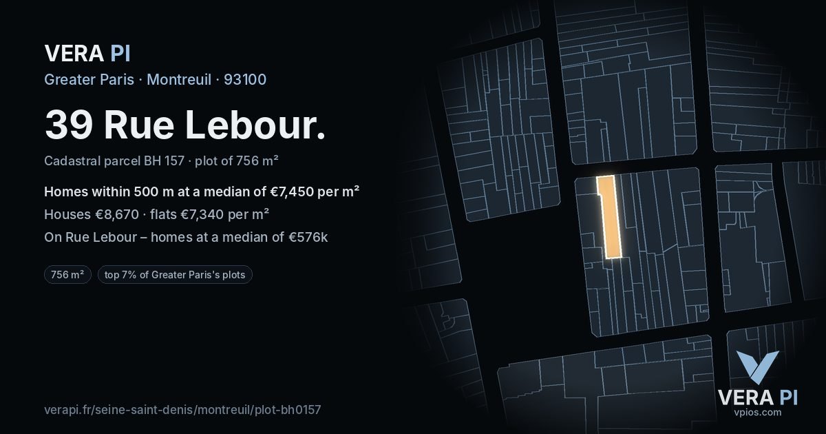 39 Rue Lebour, Montreuil at night – the plot lit, the parcels around coloured by the prices near them