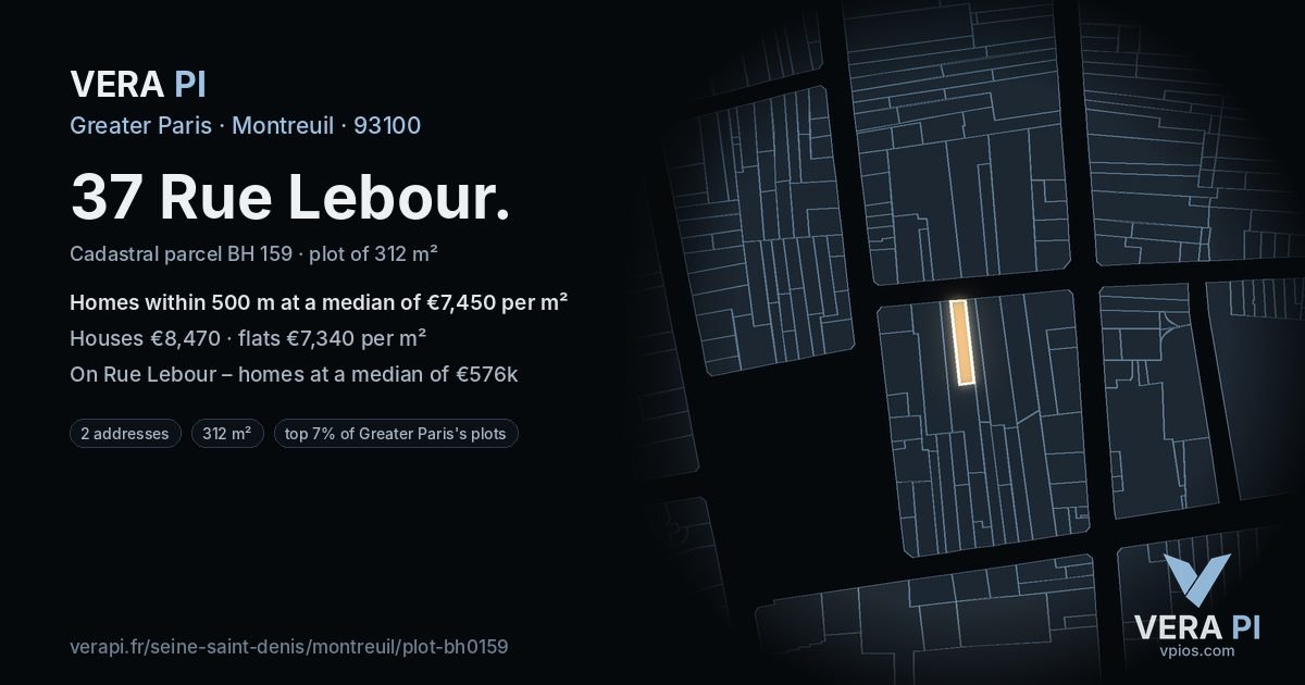 37 Rue Lebour, Montreuil at night – the plot lit, the parcels around coloured by the prices near them