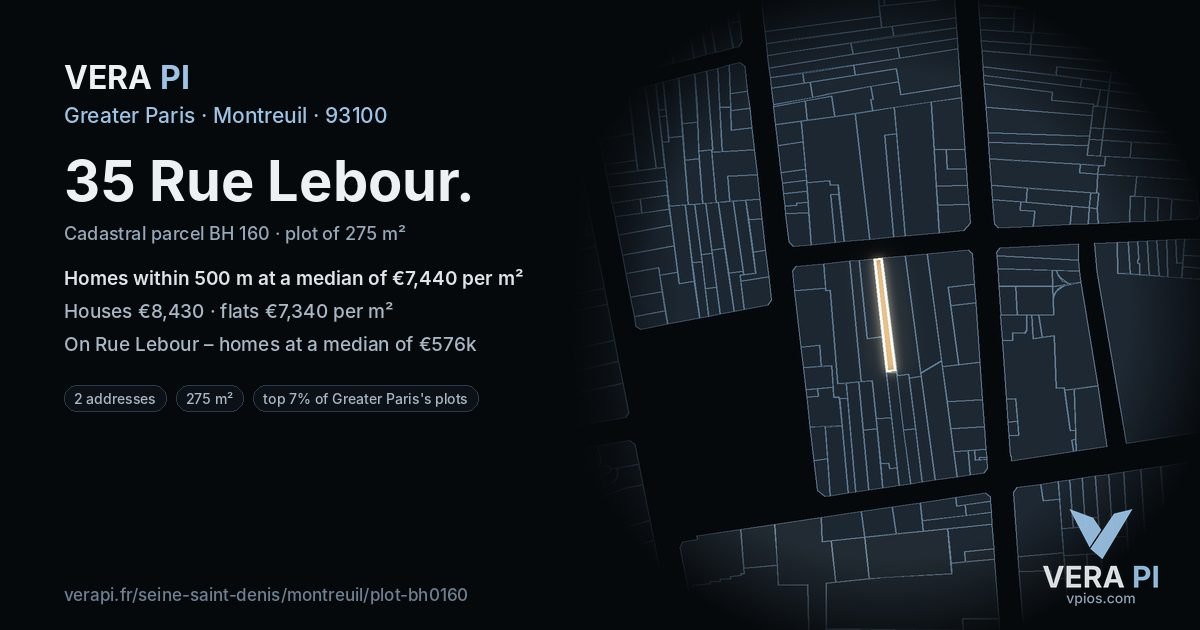 35 Rue Lebour, Montreuil at night – the plot lit, the parcels around coloured by the prices near them