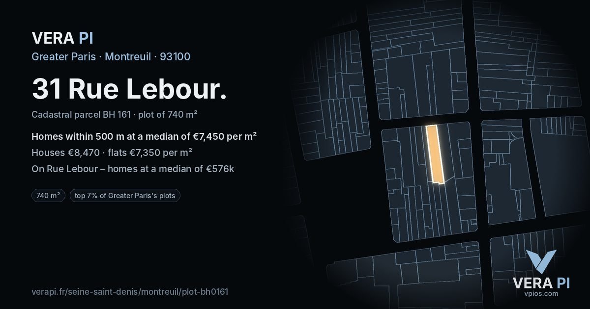 31 Rue Lebour, Montreuil at night – the plot lit, the parcels around coloured by the prices near them