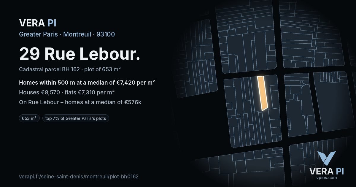 29 Rue Lebour, Montreuil at night – the plot lit, the parcels around coloured by the prices near them