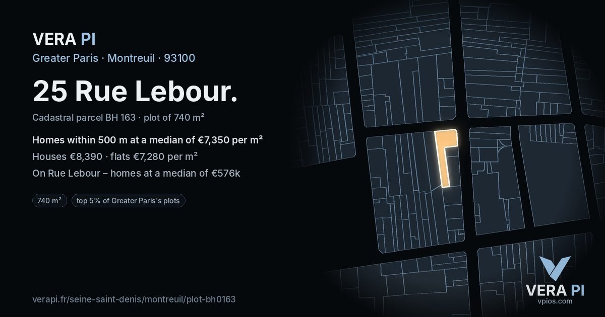 25 Rue Lebour, Montreuil at night – the plot lit, the parcels around coloured by the prices near them