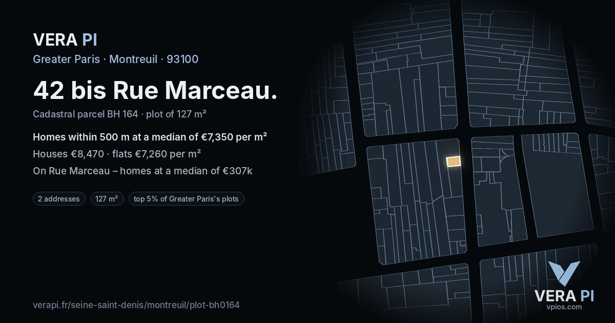 42 bis Rue Marceau, Montreuil at night – the plot lit, the parcels around coloured by the prices near them